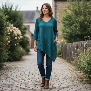 Toofan Teal V-Neck Women's Tunic with Asymmetrical Tiered Hem Sz 1X